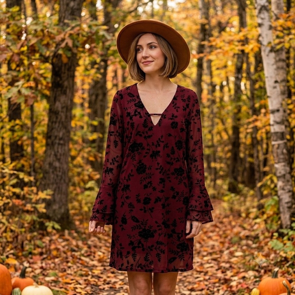 Honey Belle burnout velvet Floral Long Sleeve V-Neck Dress, whimsygoth fairy